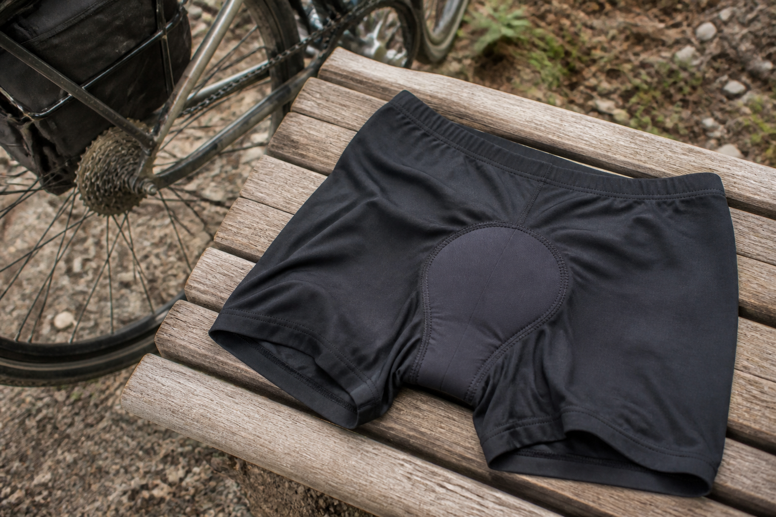 Fietsonderbroek met zeem op een houten bank naast een fietswiel