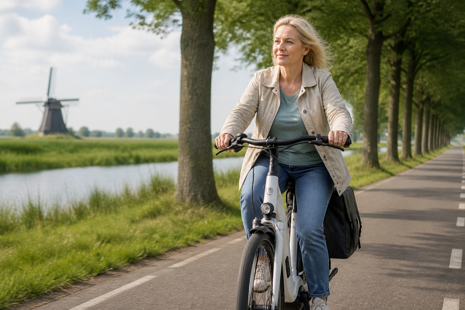Vrouw op e-bike in gewone kleding op een rustige landweg, comfortabel rechtop